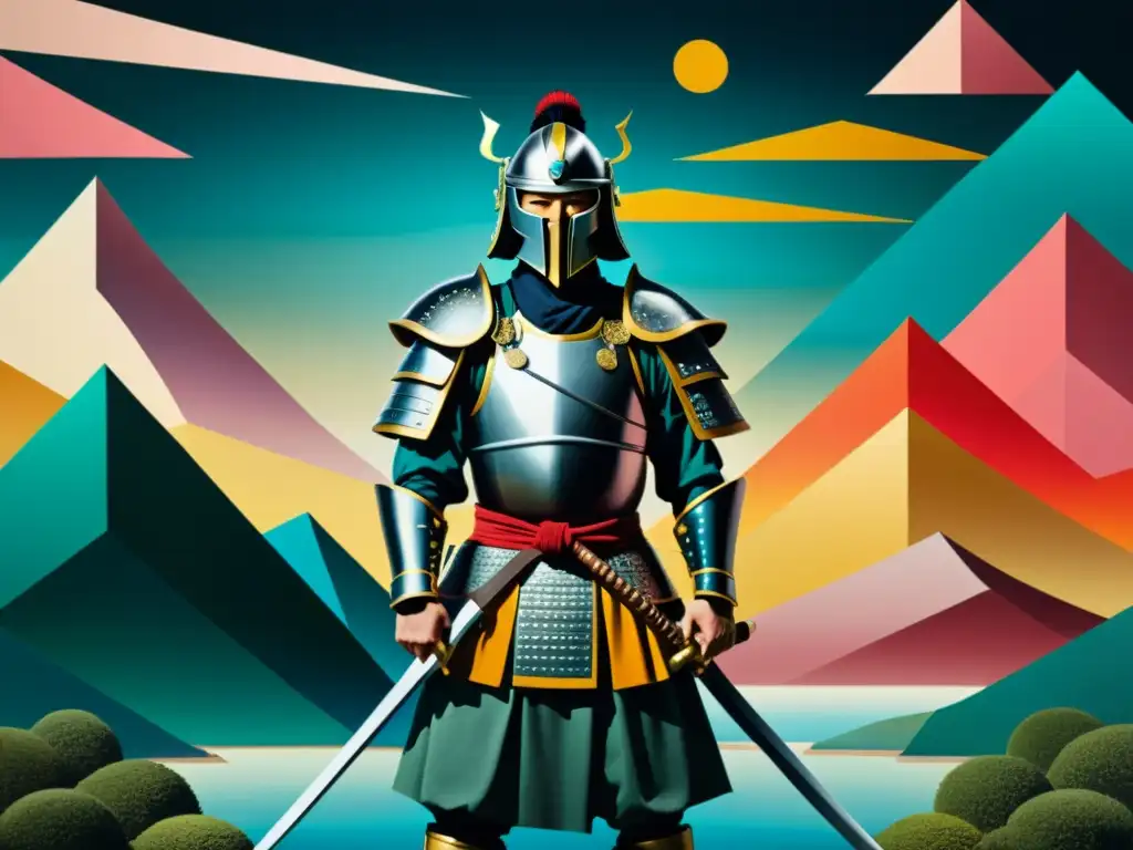 Samurái en paisaje surrealista: pintura contemporánea Una pintura surrealista contemporánea fusiona el samurái con elementos oníricos y geométricos, creando una atmósfera misteriosa y bellamente surreal