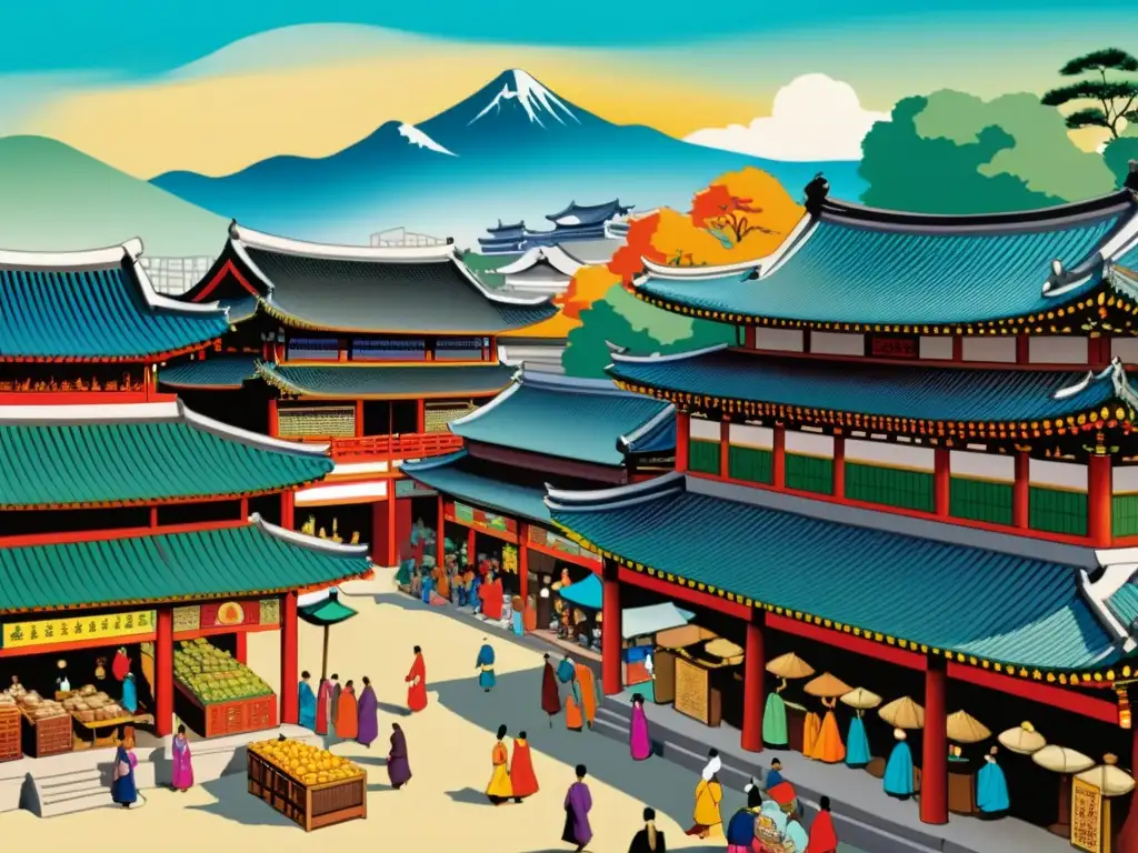 Una pintura de tinta muestra un bullicioso mercado en la antigua Corea, con influencia coreana y china en samurái