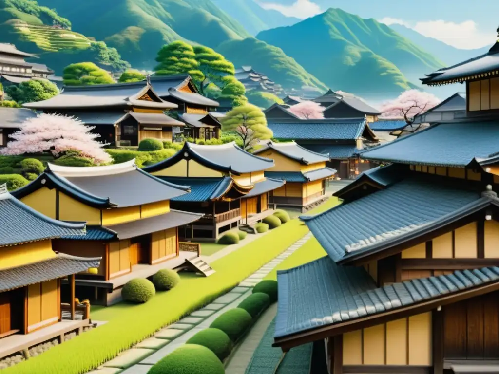 Pintura ultrarrealista de un bullicioso pueblo japonés feudal con dinámicas sociales en medio de montañas neblinosas y flores de cerezo