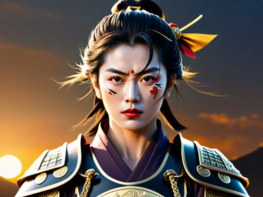 Tomoe Gozen, guerrera samurai, irradia poder femenino en armadura tradicional bajo el sol poniente