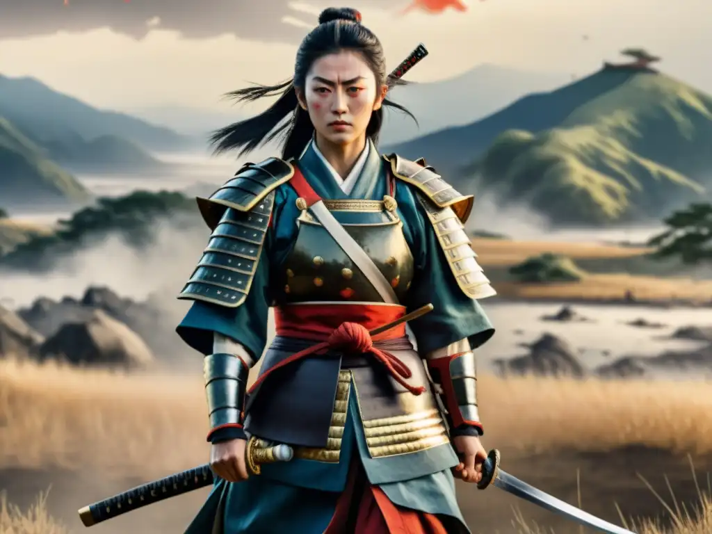 Tomoe Gozen guerrera samurai poder femenino en la batalla, con determinación y fuerza, rodeada de caos y poderío samurái