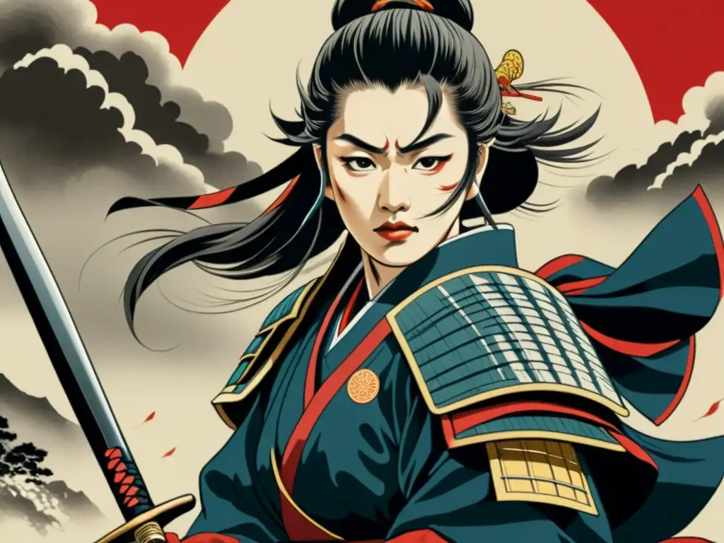 Tomoe Gozen, guerrera samurai, muestra su poder femenino en esta detallada pintura japonesa de tinta