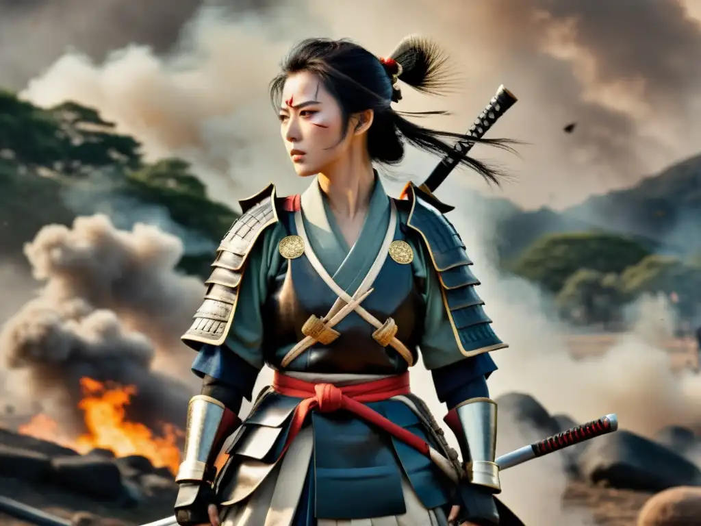 Tomoe Gozen, guerrera samurái, muestra su poder femenino en una imagen detallada y de alta resolución