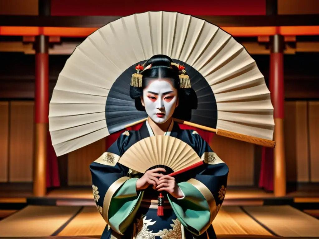 Una representación poderosa de una mujer samurai en el teatro Noh, con impresionantes detalles y dramática iluminación