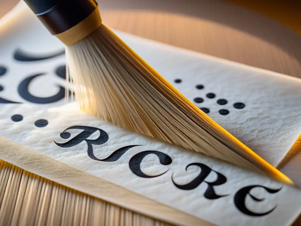 Poesía en ceremonias samuráis: Detalle de la delicada caligrafía japonesa en papel de arroz, con luz suave realzando la magia cultural