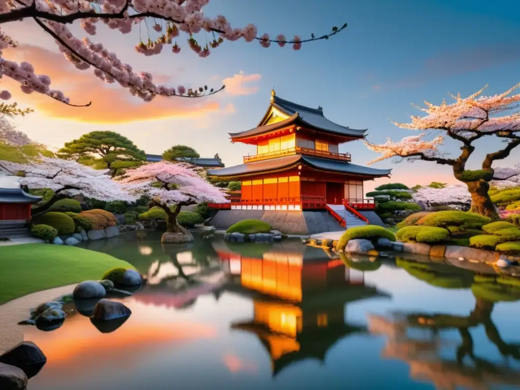 Poesía como refugio para mujeres samurái: Jardín japonés con cerezos floridos, castillo al atardecer y estanque sereno