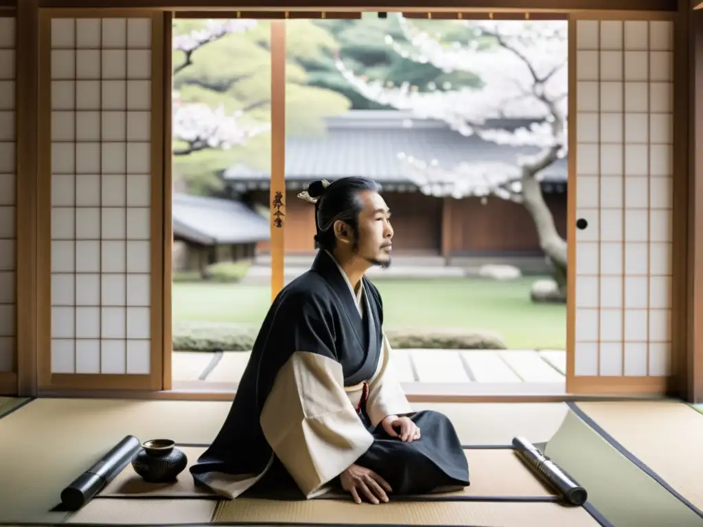 Poeta japonés contemporáneo en tatami, rodeado de herramientas de caligrafía y poemas, contempla un jardín sereno con cerezos en flor