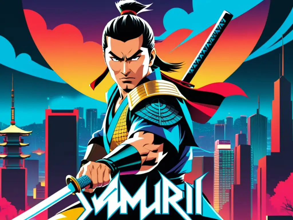 Samurai futurista desafía la ciudad moderna Portada de cómic: reinvención de leyendas samurái con colores vibrantes y energía futurista en ilustración dinámica de guerrero