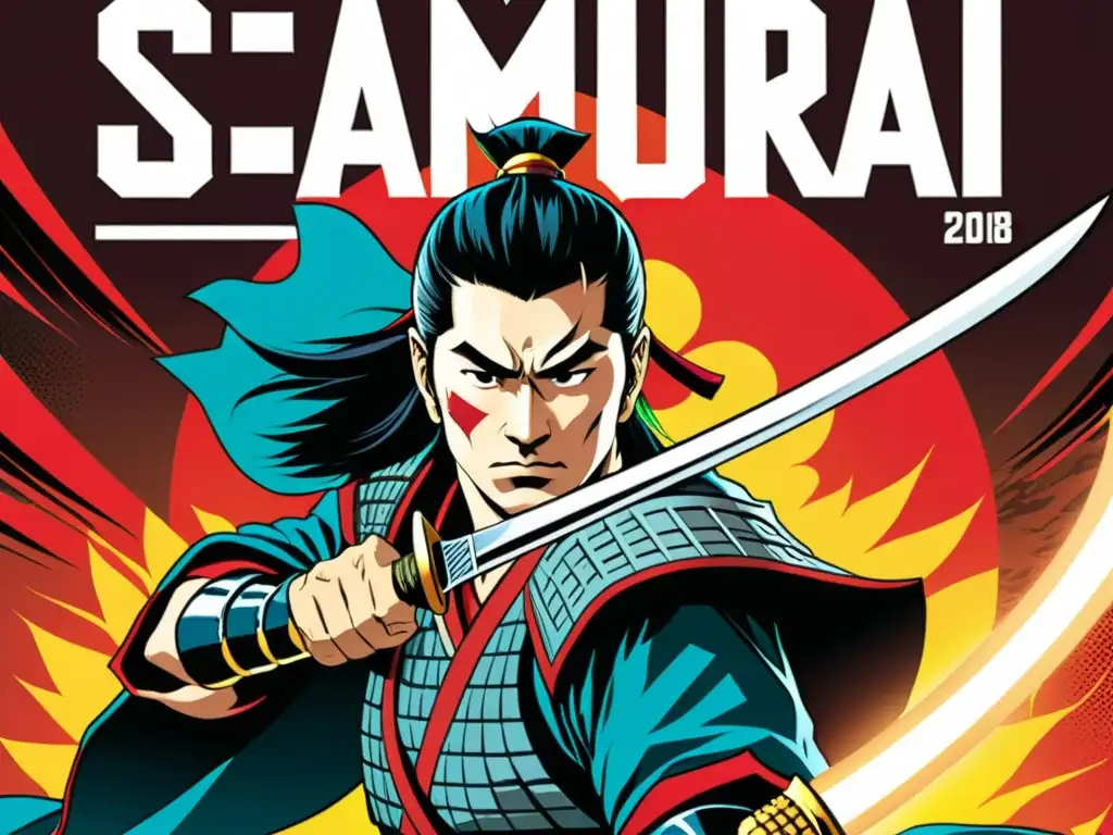 Portada de cómic de alta resolución con un samurái en armadura tradicional, empuñando una katana bajo una iluminación dramática