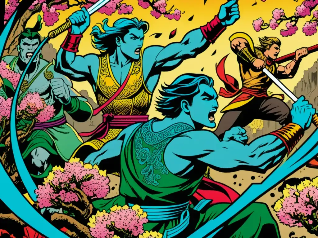 Portada de cómic vintage: Samurai en batalla épica Portada de cómic vintage detallada en 8k de samuráis en batalla, reinvención de leyendas samurái en cómics