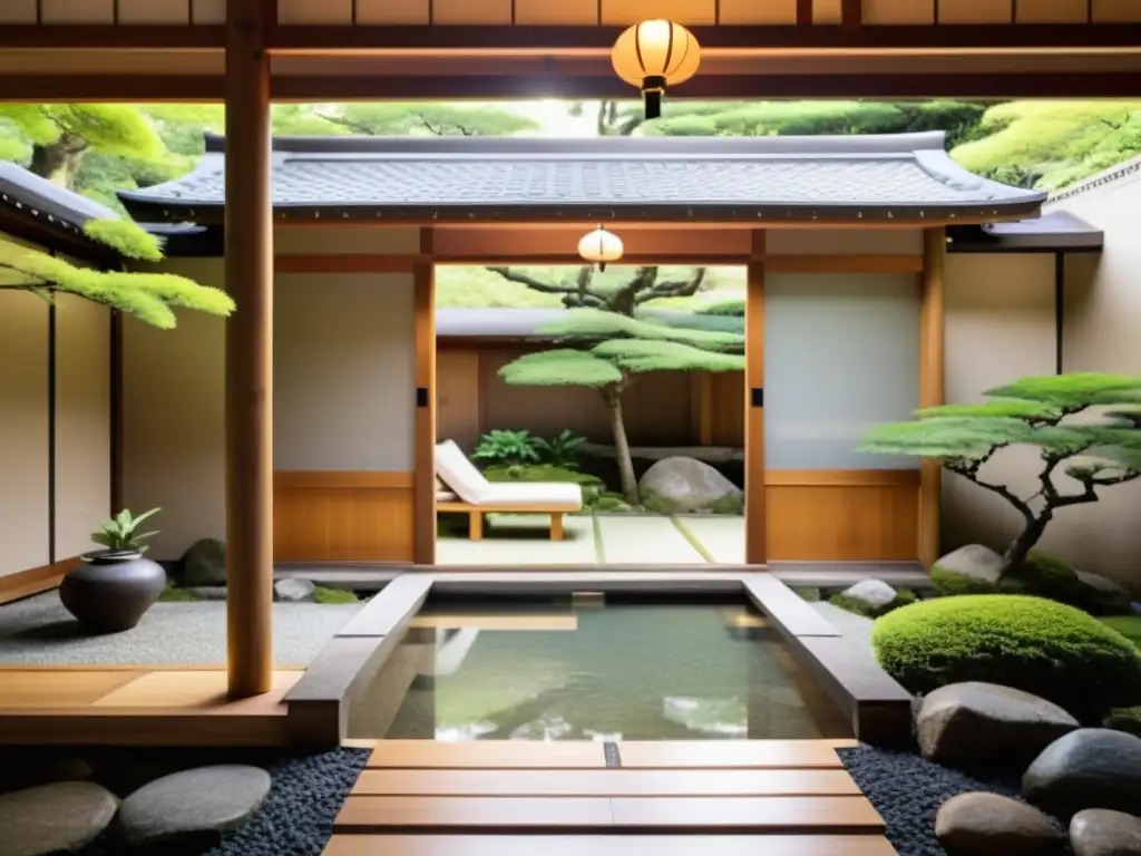 Una posada tradicional japonesa rodeada de exuberante vegetación y un jardín tranquilo