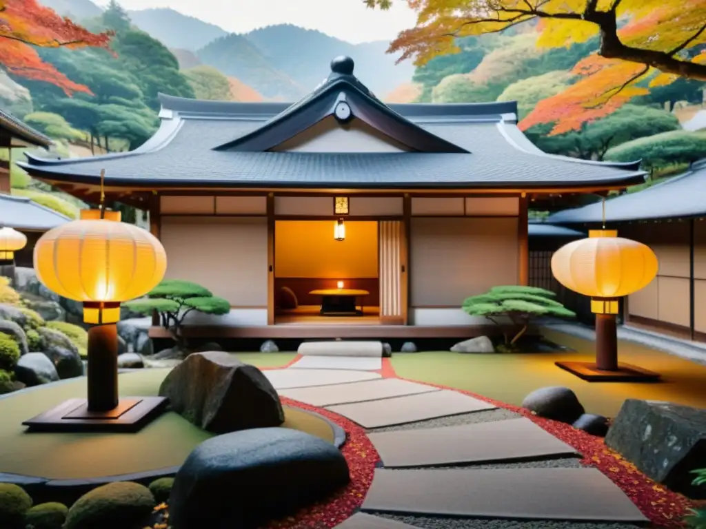 Una posada tradicional para dormir como samurái en un sereno ryokan japonés rodeado de vibrante follaje otoñal en la montaña