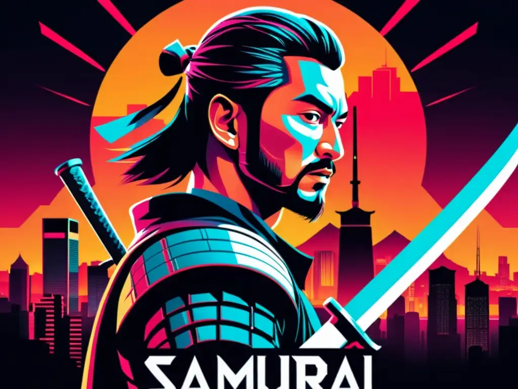 Un póster de película de samurái moderno, con un guerrero stoico en armadura tradicional en un entorno cyberpunk