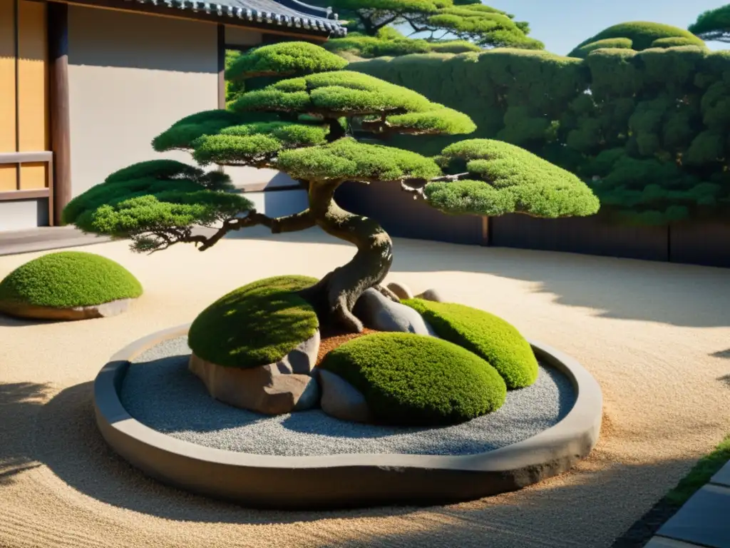 Un jardín zen samurái invita a la práctica meditativa, con rocas, gravilla y un bonsái en una atmósfera serena y armoniosa