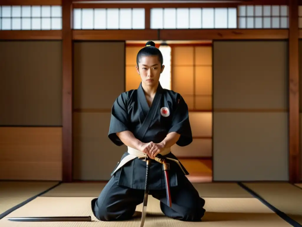 Un practicante de artes marciales en postura concentrada con un katana, reflejando determinación en un dojo japonés