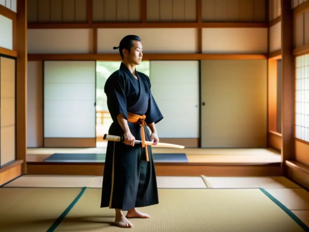 Un practicante dedicado de Iaido, vistiendo atuendo tradicional japonés, en un dojo tranquilo