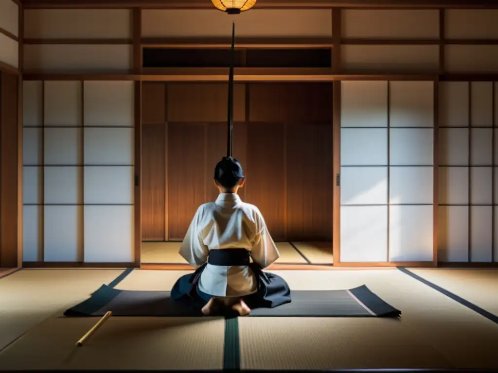 Practicante de Kyudo meditando en dojo tranquilo, resaltando la importancia de la meditación en Kyudo