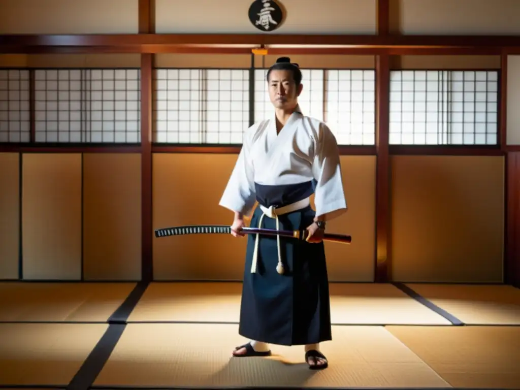 Un practicante experimentado de naginatajutsu posa en un dojo tradicional, con un keikogi blanco impecable y hakama