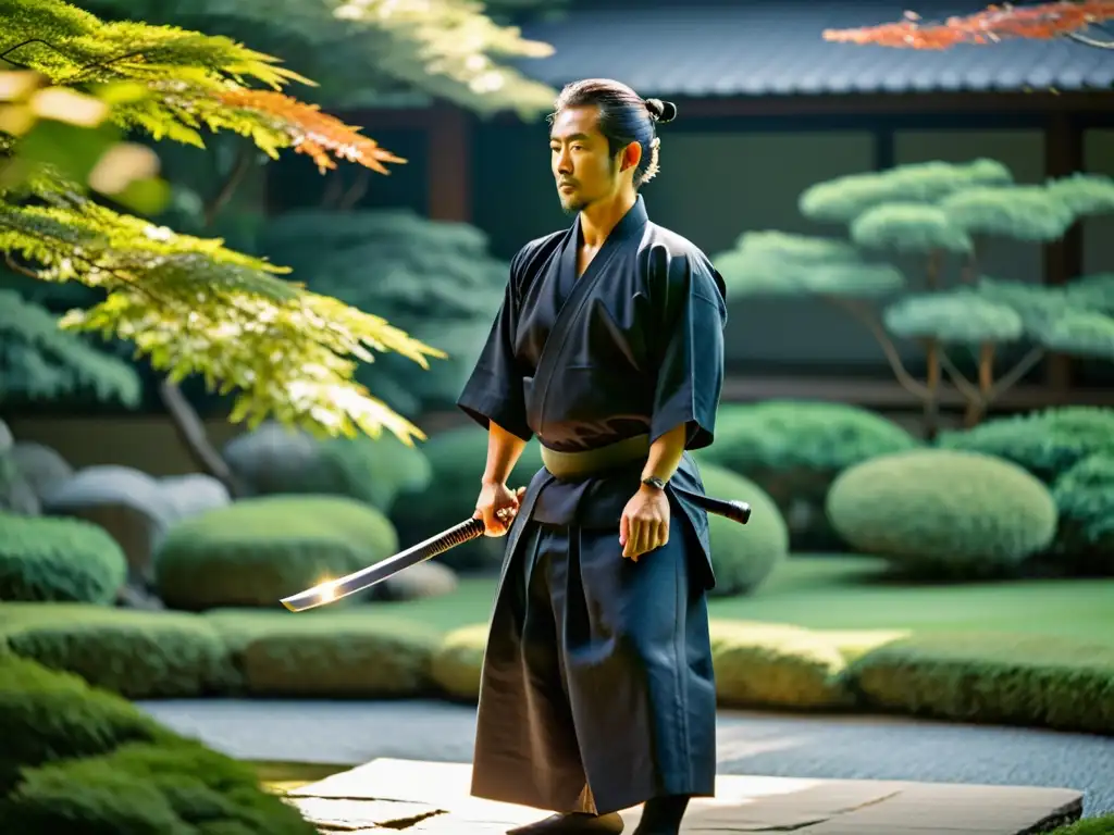 Un practicante experimentado de iaido, viste atuendo samurái en un sereno jardín japonés, realizando una precisa kata con un katana reluciente