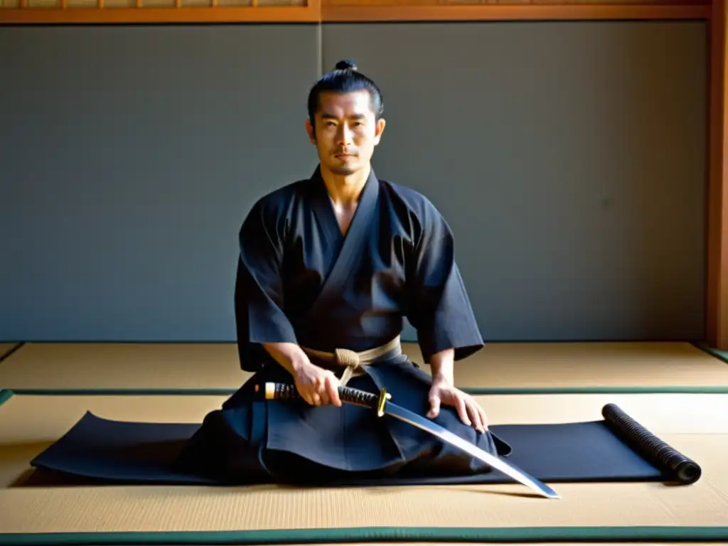 Un practicante experimentado de iaido usa atuendo samurái, con espada japonesa en mano