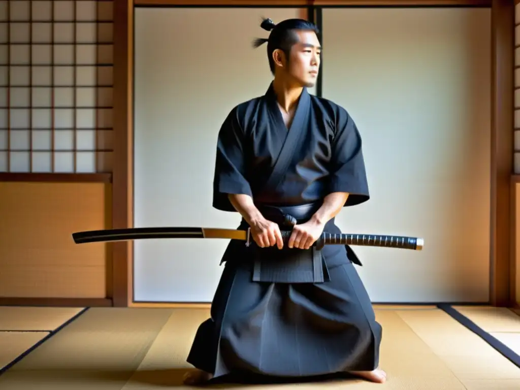 Un practicante experimentado de iaido, viste un gi y hakama blancos, desenvaina un katana en un dojo japonés tradicional