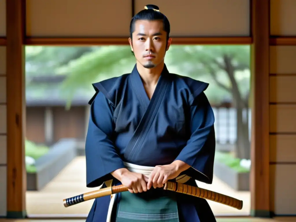 Un practicante experimentado de kendo en atuendo tradicional blanco, listo para el combate con un shinai en mano