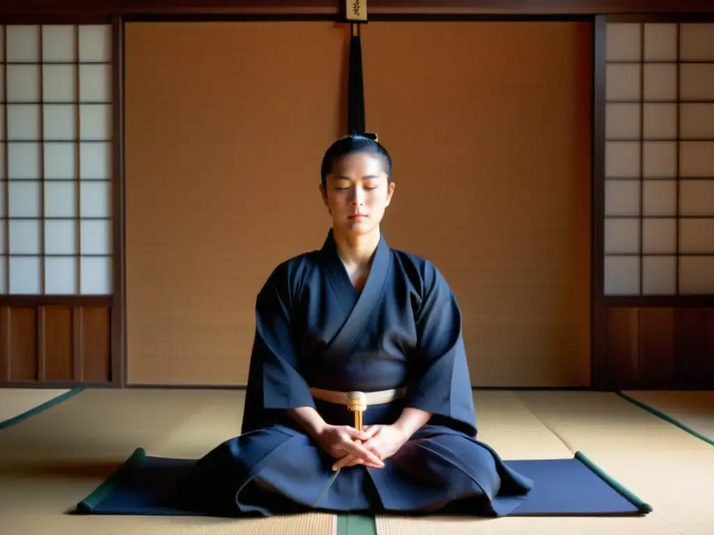 Un practicante experimentado de Kendo en posición seiza, rodeado de tranquilidad en un dojo