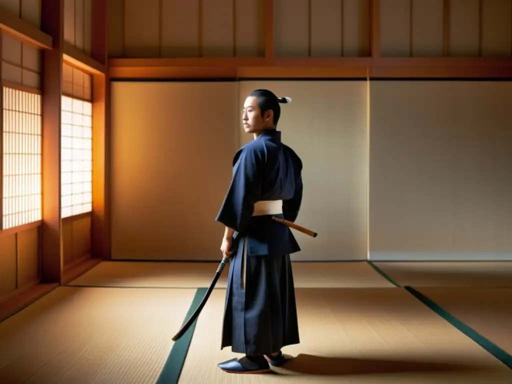 Un practicante experimentado de Kendo, vestido con atuendo blanco tradicional, en una pose meditativa en un dojo sereno