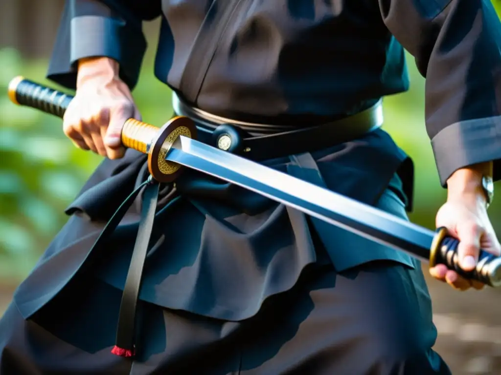 Un practicante de Iaido desenfunda con cuidado una katana japonesa, mostrando el equipo tradicional para practicar Iaido