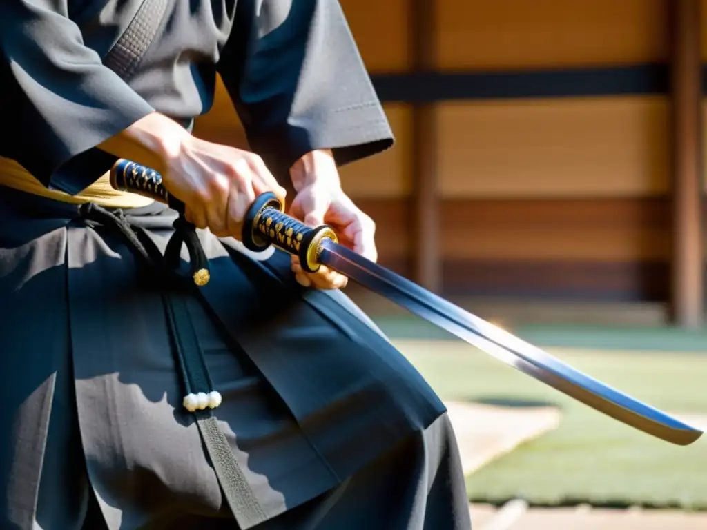 Practicante de Iaido samurái desenvaina con disciplina una katana en dojo sereno