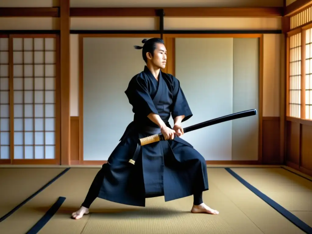 Un practicante de Iaido en un dojo japonés tradicional, demostrando una postura defensiva con precisión y concentración