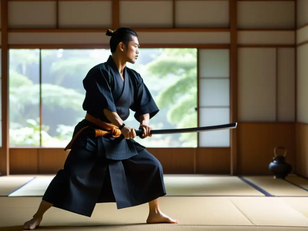 Un practicante de Iaido en un dojo sereno, ejecutando una precisa kata con katana, mostrando preparación mental para Iaido