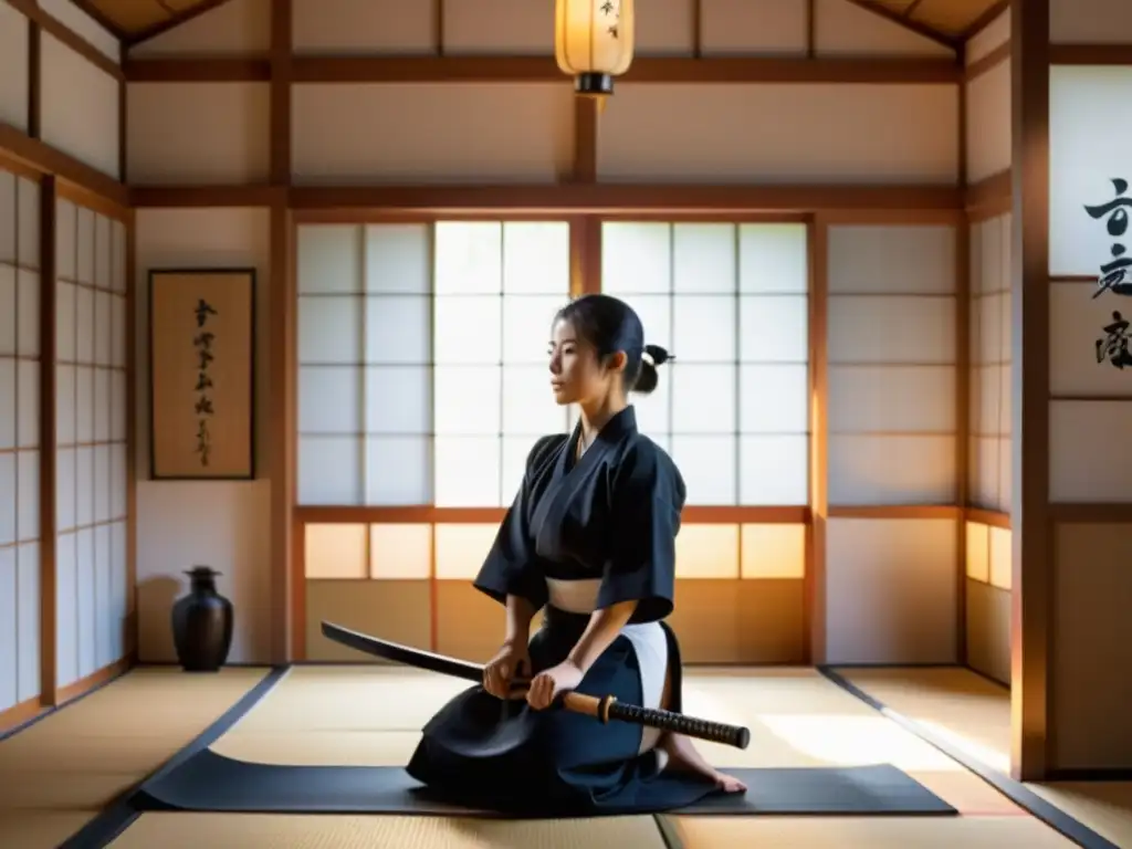 Una practicante de Iaido en un dojo tradicional, la luz de la mañana ilumina el suelo de madera