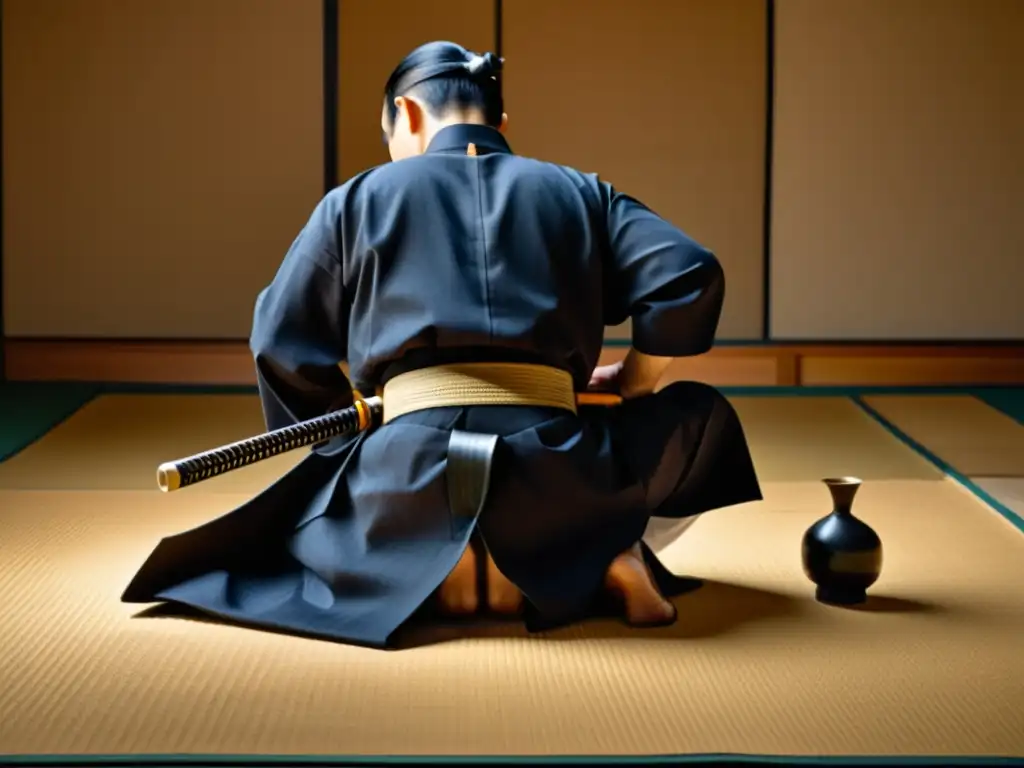 Un practicante de iaido con equipo tradicional, sosteniendo una katana en un dojo japonés