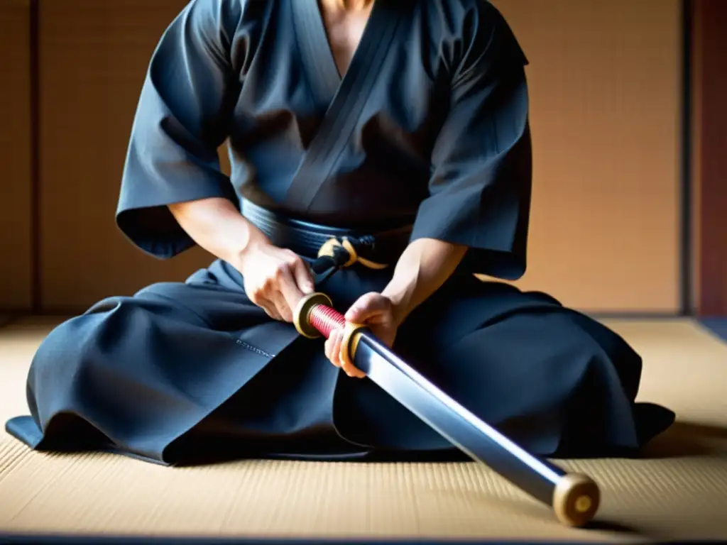 Un practicante de Iaido se concentra en ajustar su espada con preparación mental para Iaido, en un ambiente sereno y determinado en un dojo japonés