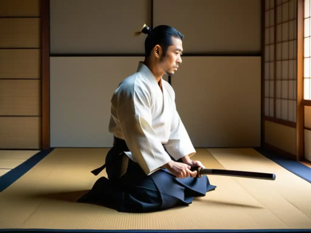 Un practicante de iaido japonés en un tatami, vistiendo un gi blanco, sosteniendo una katana brillante con expresión concentrada