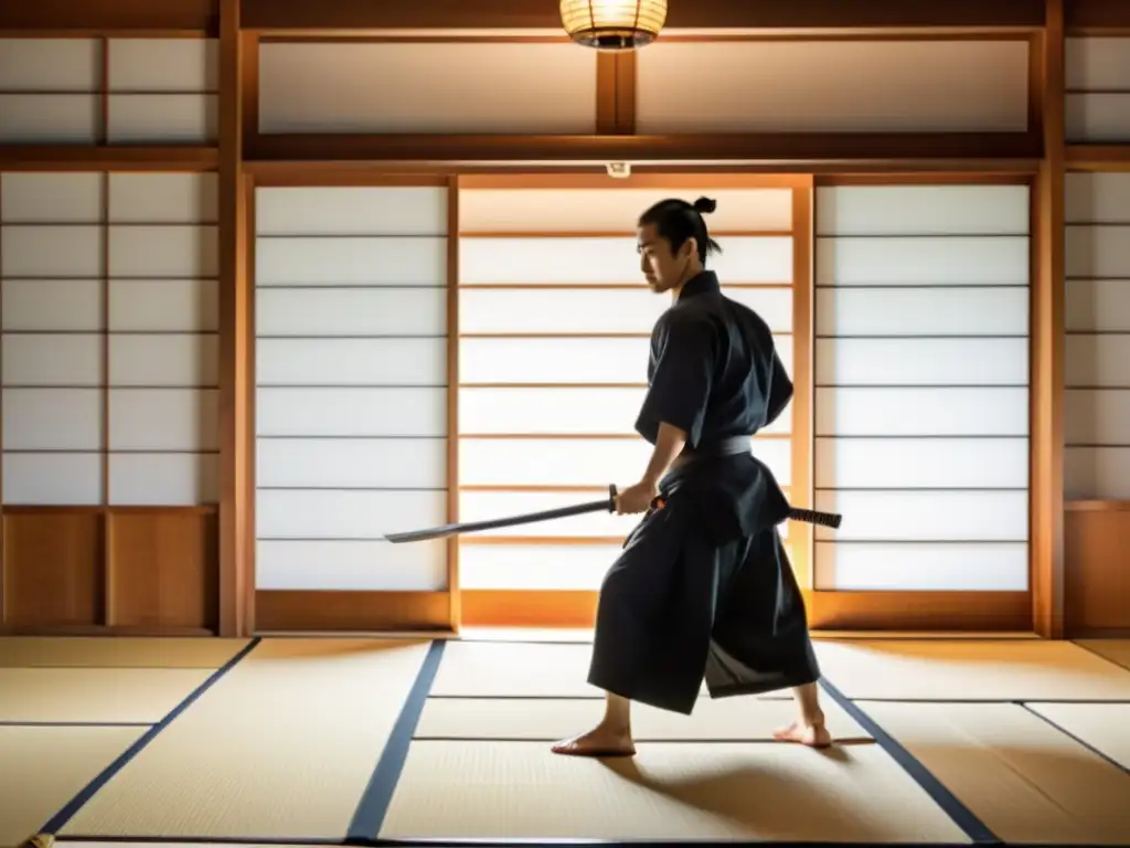 Un practicante de iaido realiza una kata en un dojo japonés tradicional, iluminado por luz natural