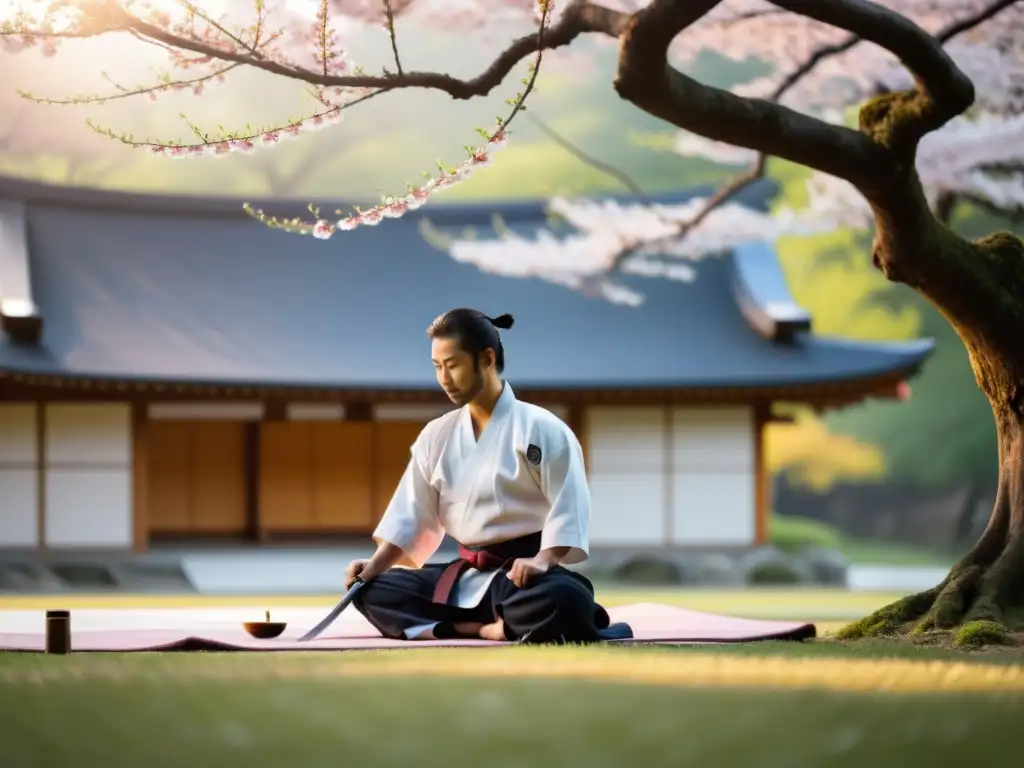 Practicante de iaido realiza kata al amanecer en un dojo japonés entre cerezos en flor, reflejando los beneficios físicos y mentales del Iaido