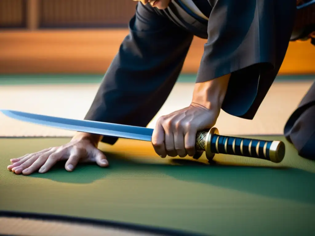 Practicante de iaido desvainando una katana en ceremonia, resaltando la estética y tradición japonesa