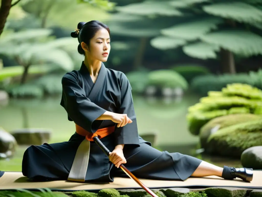 Un practicante de Iaido en kimono realiza movimientos precisos y gráciles en un jardín japonés tranquilo, expresando meditación en movimiento disciplina mental