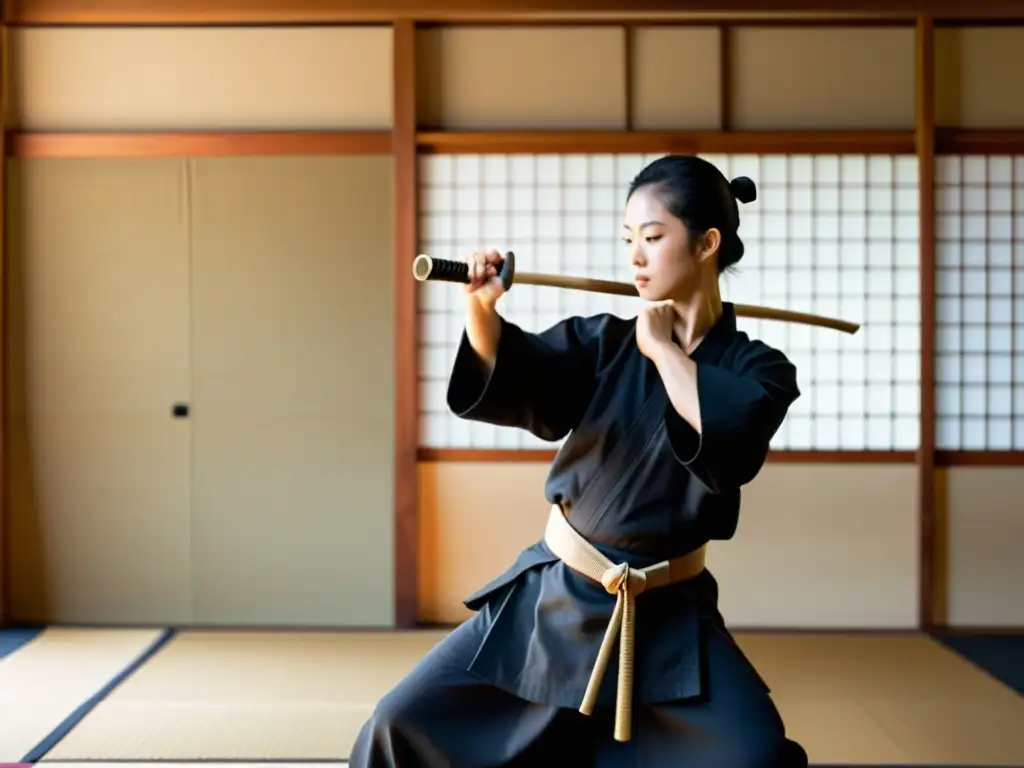 Practicante de Iaido realizando movimientos precisos en un dojo tranquilo