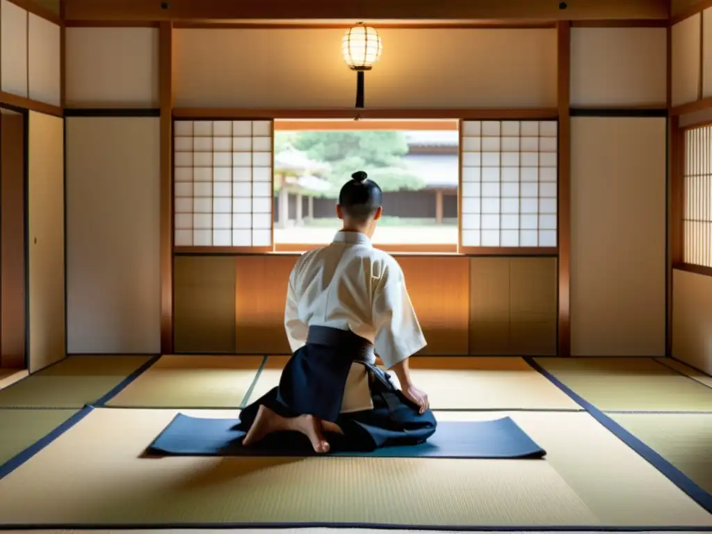 Un practicante de Iaido realiza un preciso corte de espada en un dojo japonés, transmitiendo la serenidad y la disciplina de esta disciplina marcial