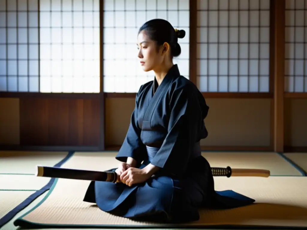 Practicante de Iaido en preparación mental, en un dojo sereno con luz tenue y bokken en mano