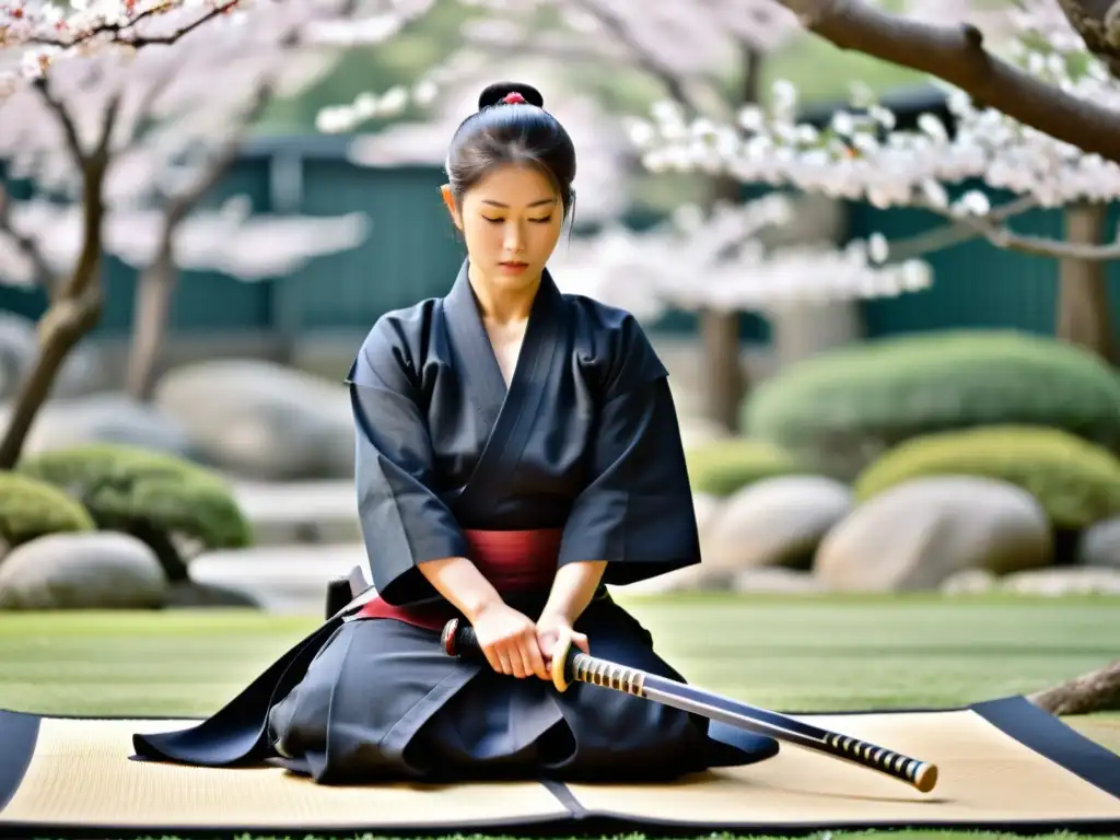 Practicante de Iaido samurái concentrado con katana brillante en jardín japonés