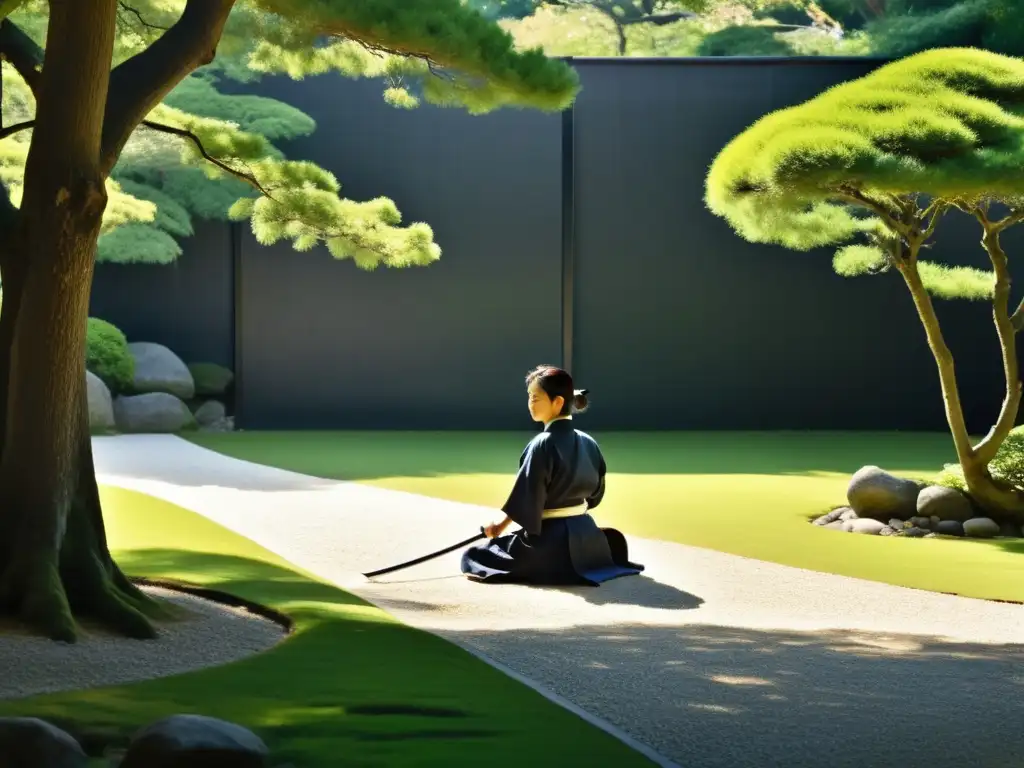 Practicante de Iaido en un sereno jardín japonés, capturando la disciplina mental y la meditación en movimiento con gracia y precisión