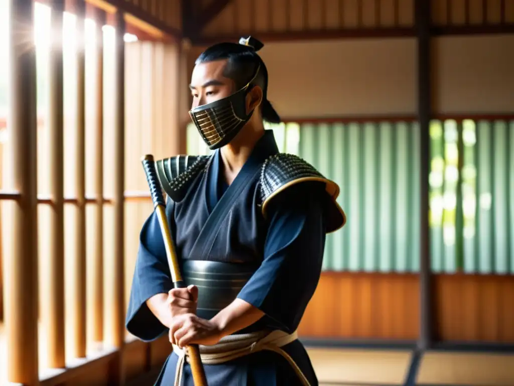 Un practicante de kendo en armadura samurái, en postura meditativa con espada de bambú, concentrado y poderoso