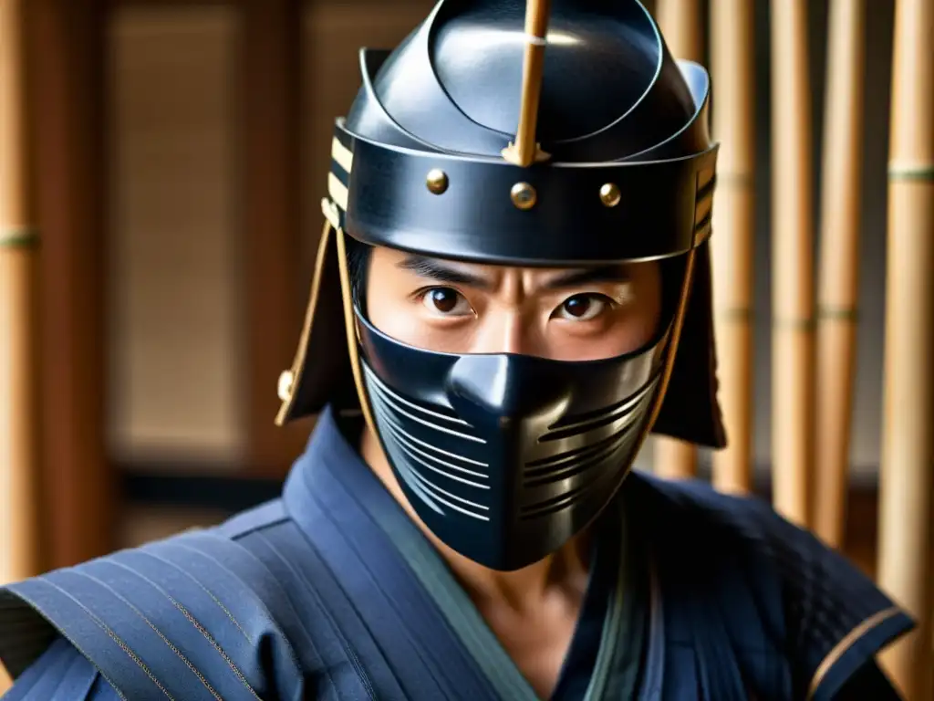 Un practicante de kendo en armadura samurái, con mirada intensa y determinación, listo para atacar con un shinai de bambú