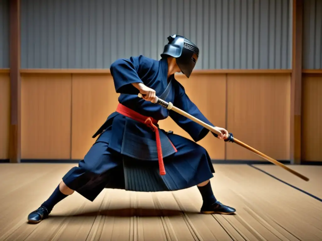 Practicante de kendo ejecutando un ataque ágil y preciso en un dojo, destacando la agilidad en las rutinas de entrenamiento kendo