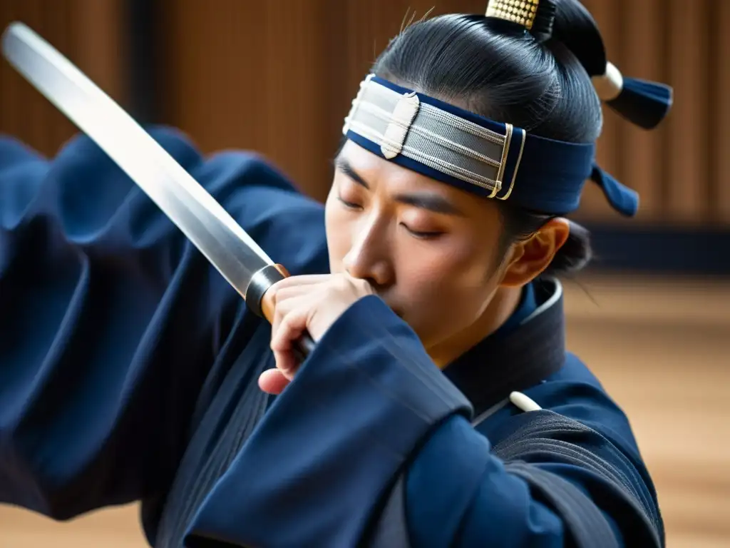 Un practicante de Kendo en atuendo tradicional, sosteniendo una espada reluciente, en un momento de meditación