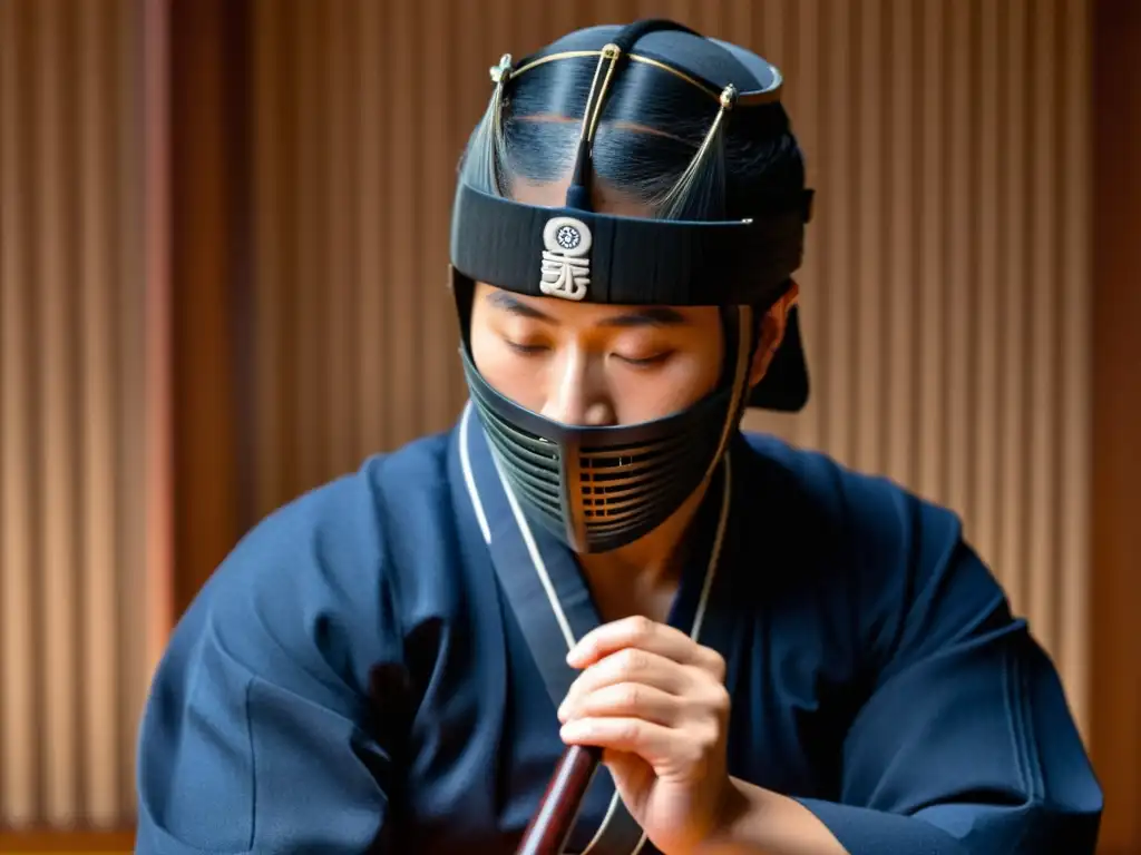 Un practicante de Kendo, en atuendo tradicional, ejecuta técnicas de respiración con precisión y concentración intensa